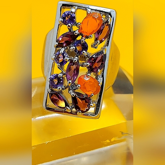 Natural Orange Opal, Amethyst, Rhodolite 925 Sterling Silver Ring Sz 7.5 - Picture 6 of 10